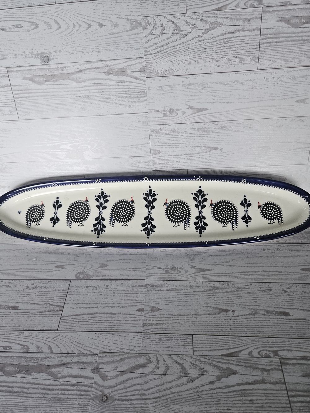 Hand-Painted Oval Serving Platter - Navy & White with Folk Bird Motif